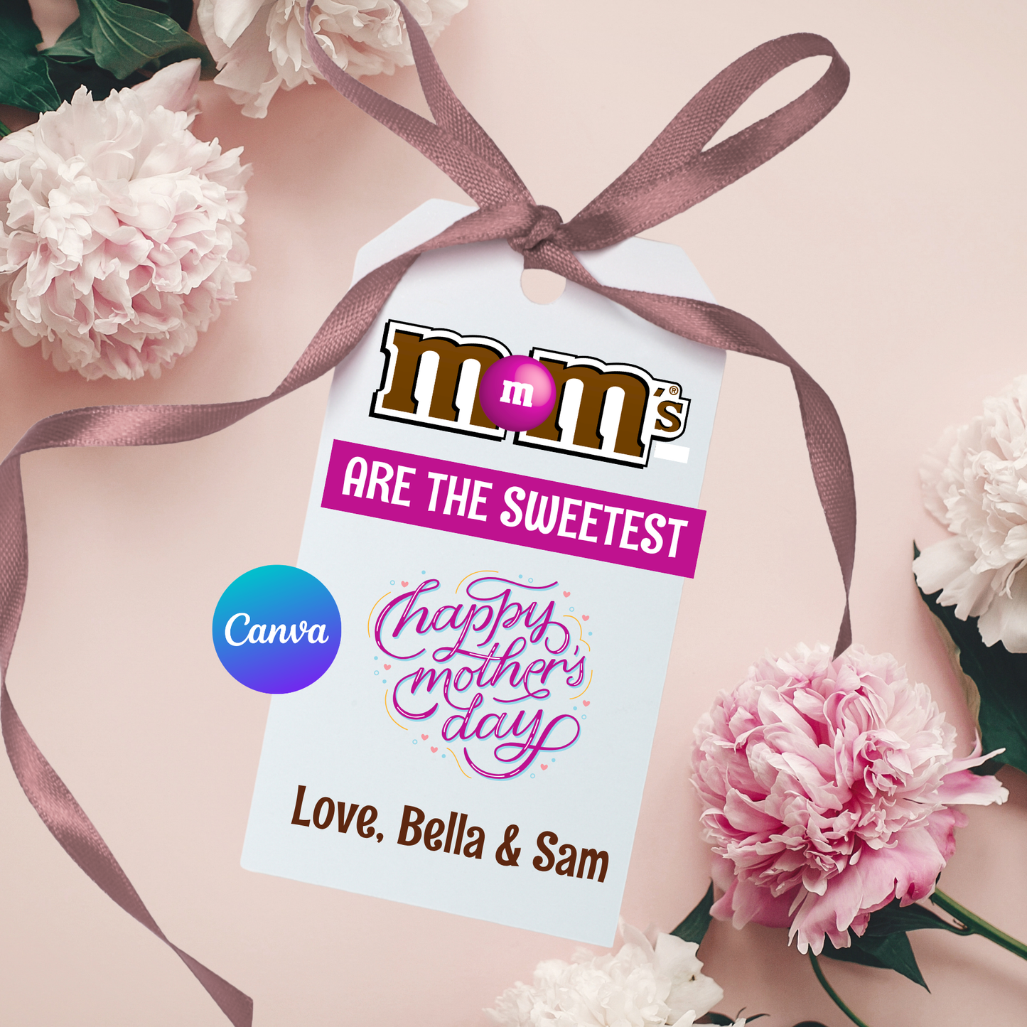 M&M's branded tag with 'Happy Mother's Day' message surrounded by flowers on a light pink background