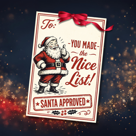 Vintage Santa Approved printable Christmas gift tag featuring a retro Santa illustration and "You Made the Nice List" design in classic red and cream colors.