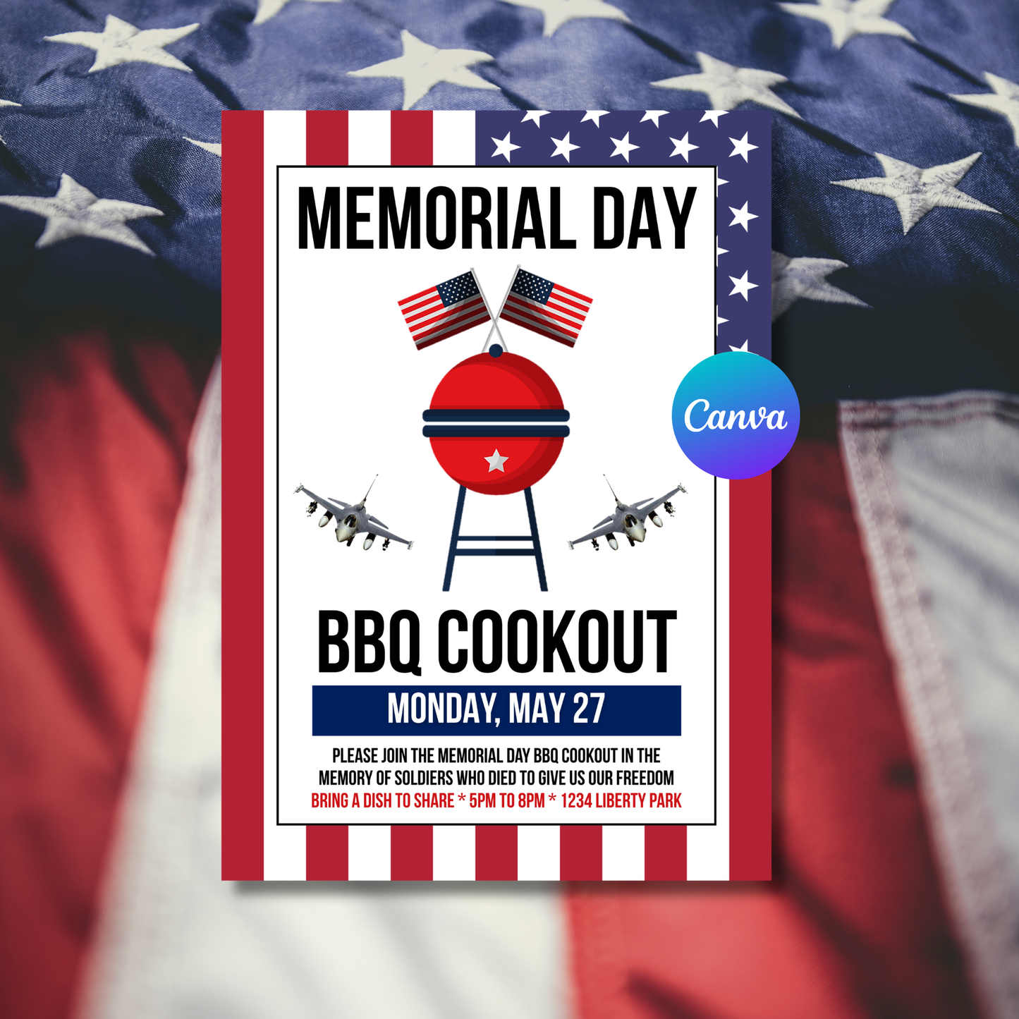 Memorial Day BBQ Invitation Template | Backyard Cookout Party Invite | Patriotic Summer Party Invite | Editable Canva Printable