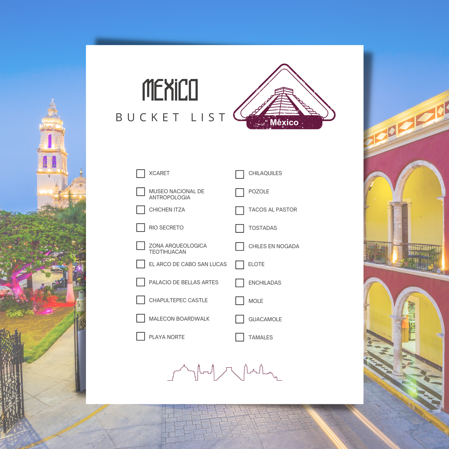 Mexico bucket list poster with scenic images of a tower and colorful building.
