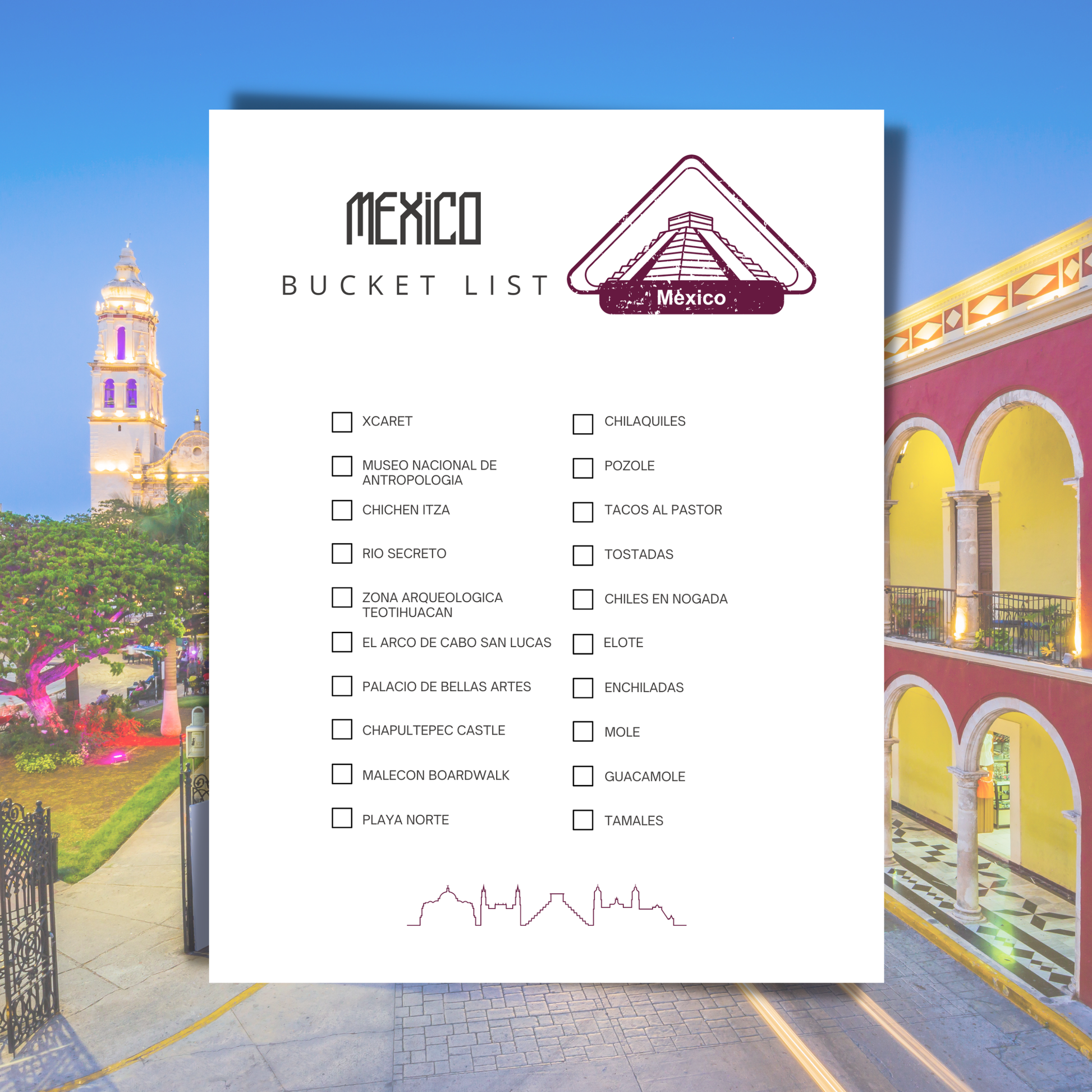 Mexico bucket list poster with scenic images of a tower and colorful building.
