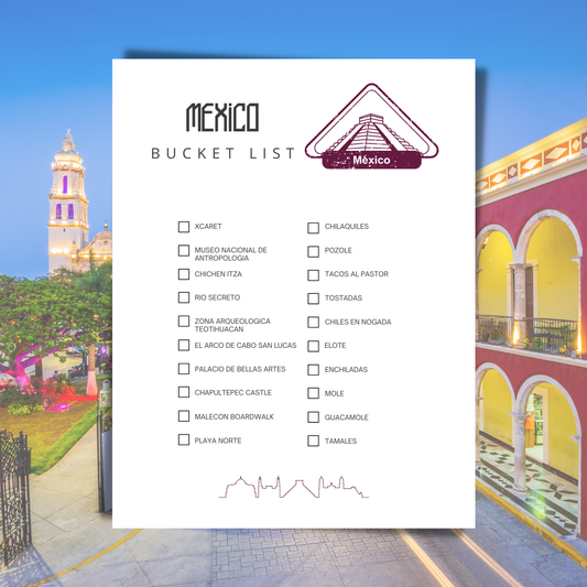 Mexico bucket list poster with scenic images of a tower and colorful building.