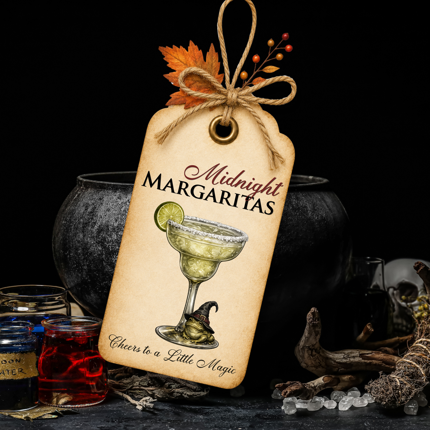 Editable Midnight Margaritas Halloween gift tag featuring a vintage margarita glass with a frog wearing a witch's hat, designed for witchy gifts, party favors, and magical celebrations.