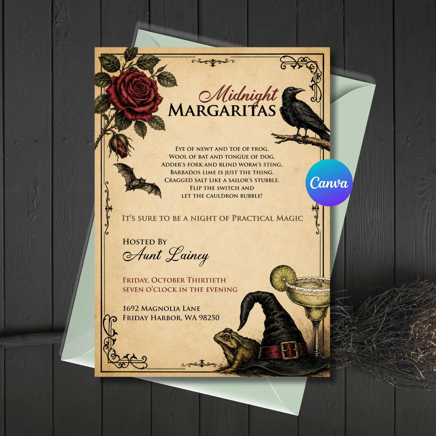 Editable vintage Midnight Margaritas Halloween party invitation featuring an antique parchment background with a red rose, raven, bat, witch hat, toad, and margarita glass in an elegant gothic Practical Magic-inspired design.