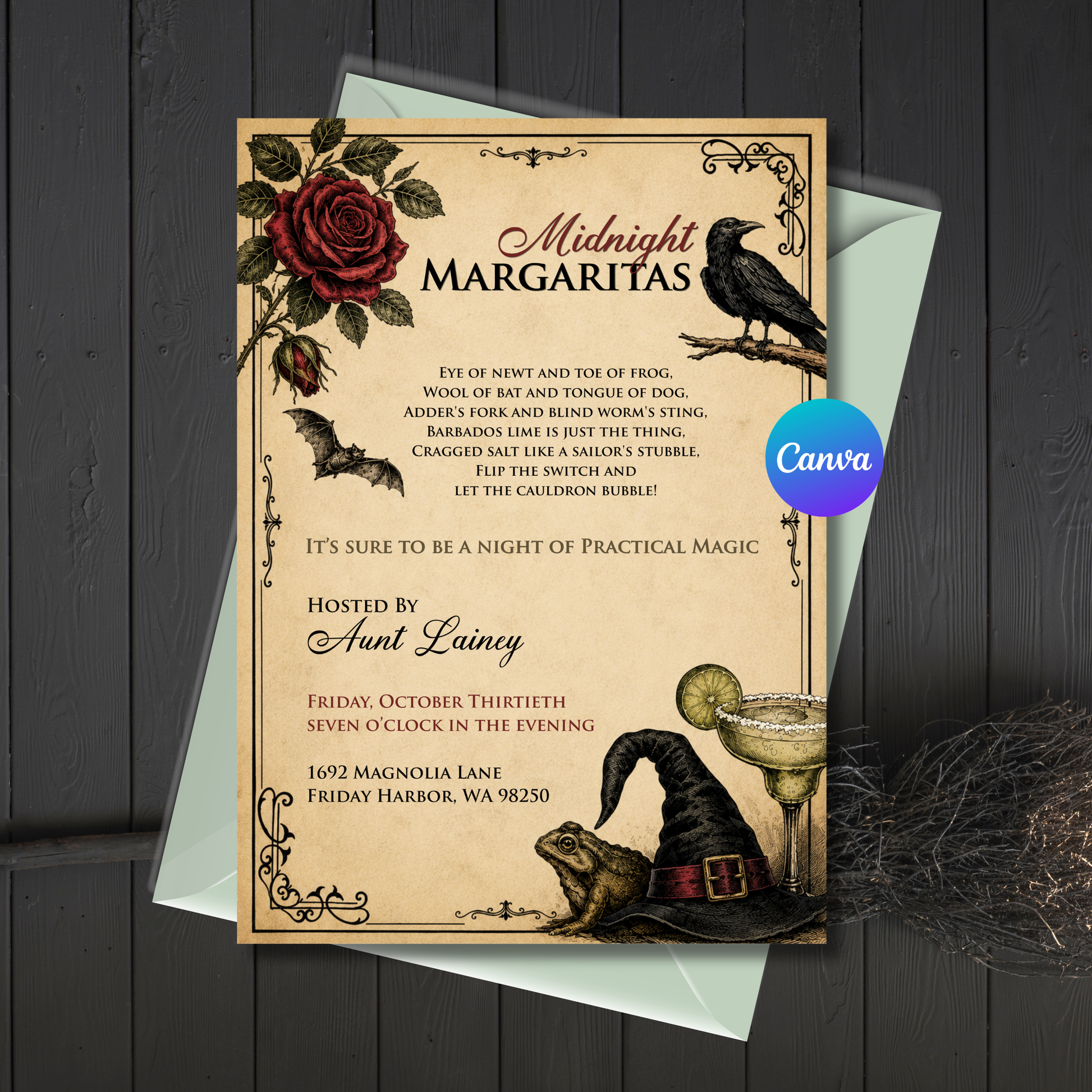 Editable vintage Midnight Margaritas Halloween party invitation featuring an antique parchment background with a red rose, raven, bat, witch hat, toad, and margarita glass in an elegant gothic Practical Magic-inspired design.