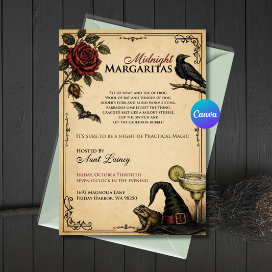 Editable vintage Midnight Margaritas Halloween party invitation featuring an antique parchment background with a red rose, raven, bat, witch hat, toad, and margarita glass in an elegant gothic Practical Magic-inspired design.