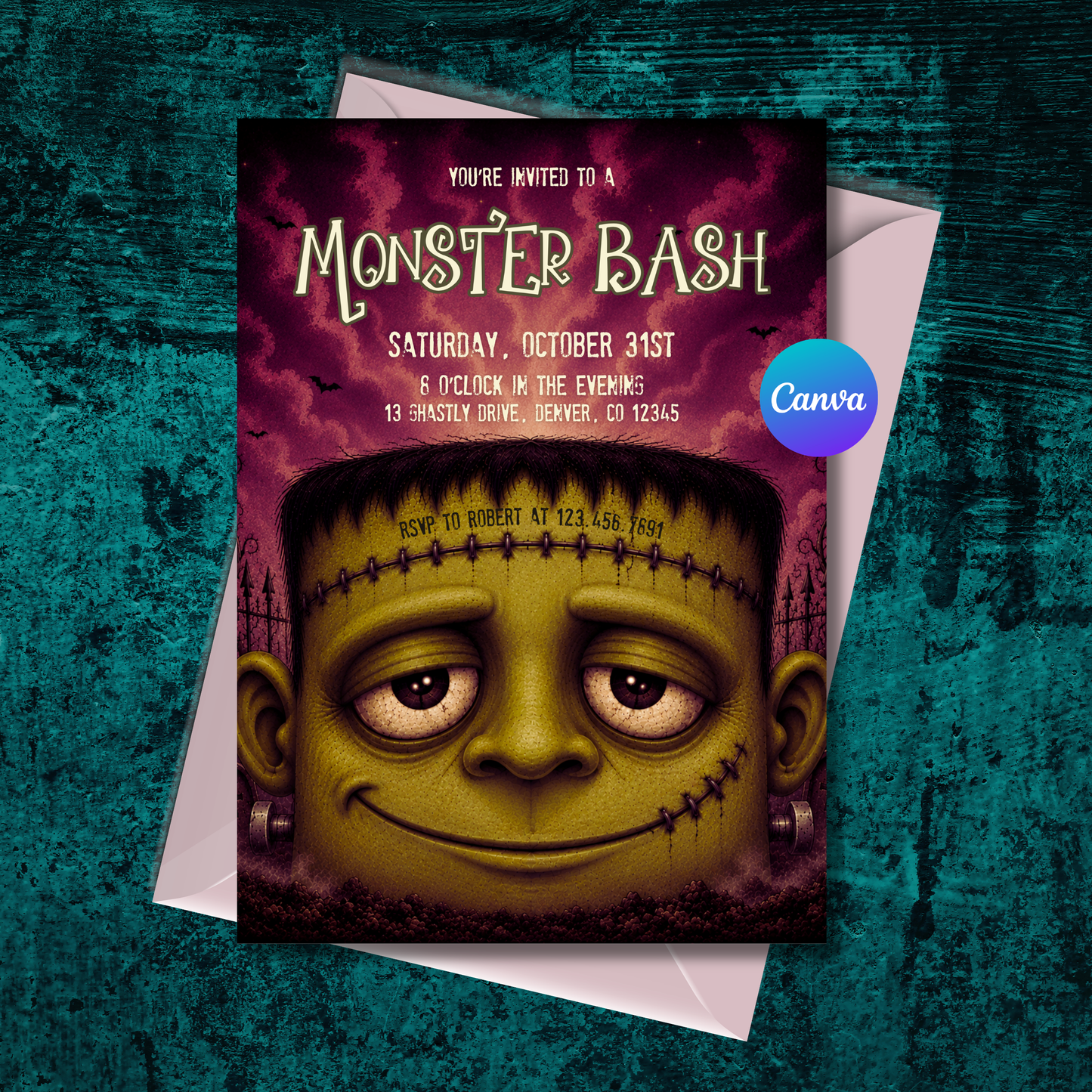 Editable Monster Bash Halloween Party Invitation featuring a whimsical vintage Frankenstein monster and spooky purple night sky.