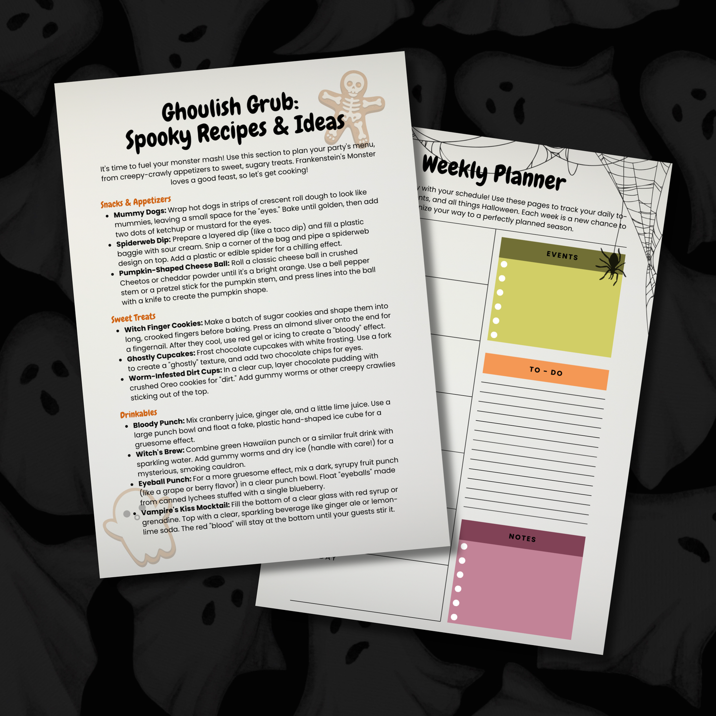 Printable Halloween planner with party planning pages, movie tracker, weekly planner, recipes, and Halloween checklists.