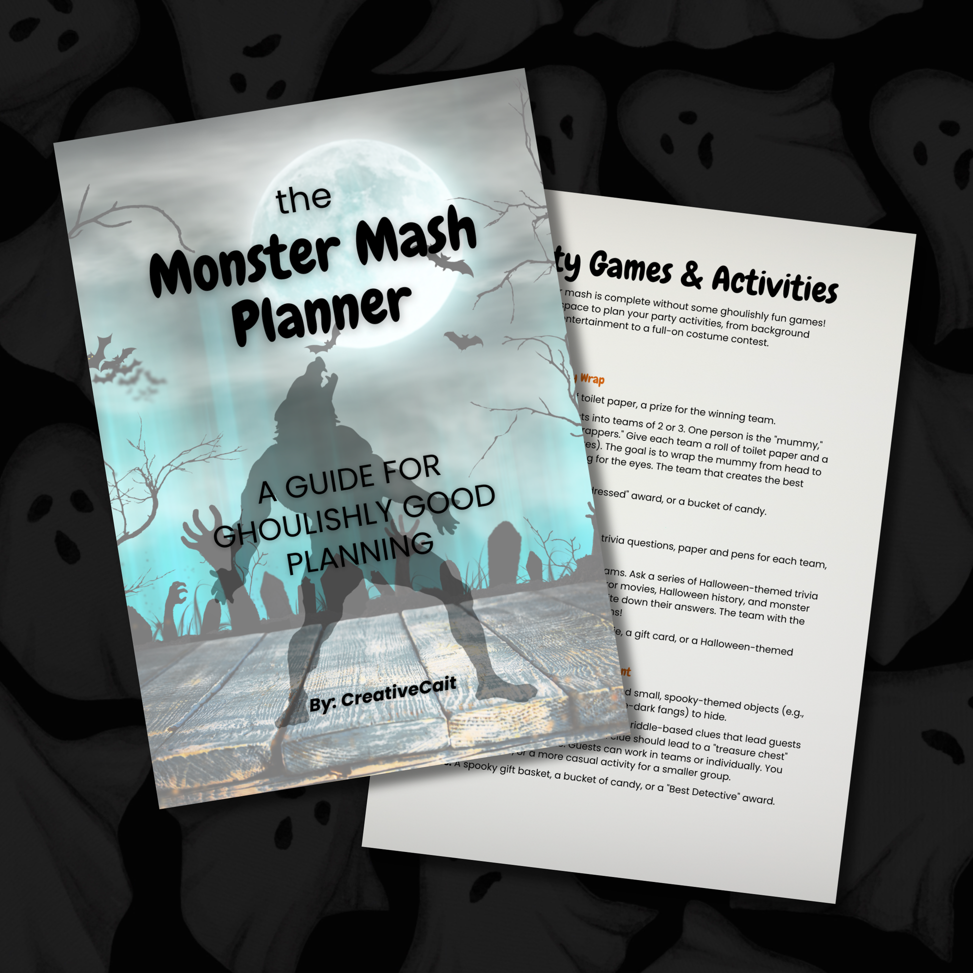 Printable Halloween planner with party planning pages, movie tracker, weekly planner, recipes, and Halloween checklists.