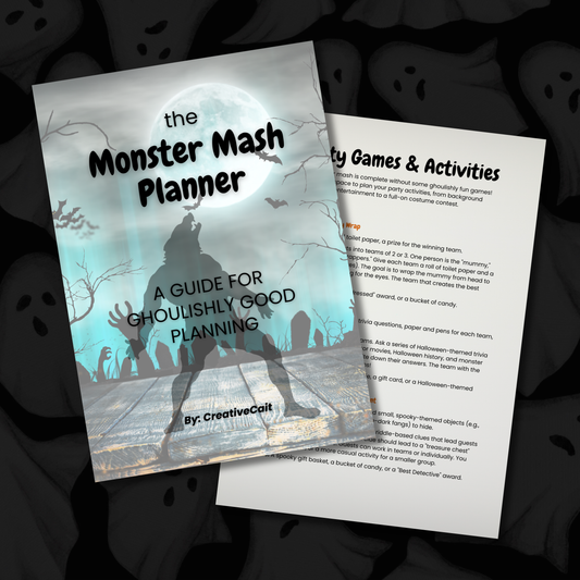 Printable Halloween planner with party planning pages, movie tracker, weekly planner, recipes, and Halloween checklists.