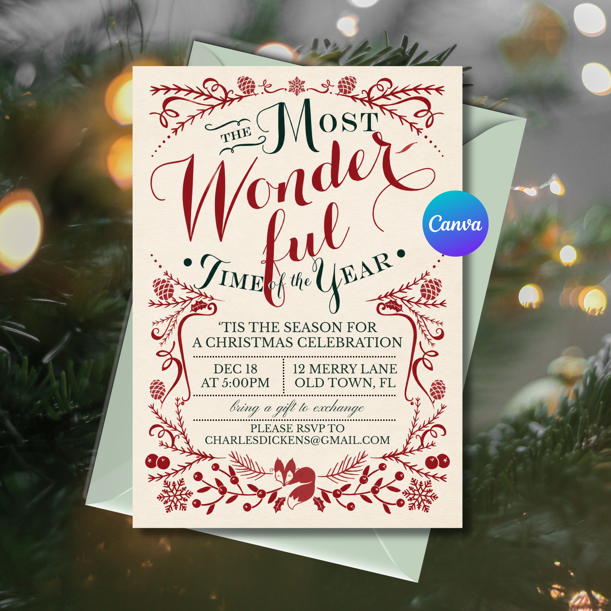 Editable Christmas party invitation with The Most Wonderful Time of the Year red and green holiday design