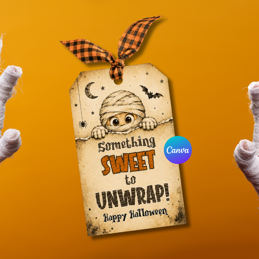 Cute mummy Halloween gift tags with Something Sweet to Unwrap saying