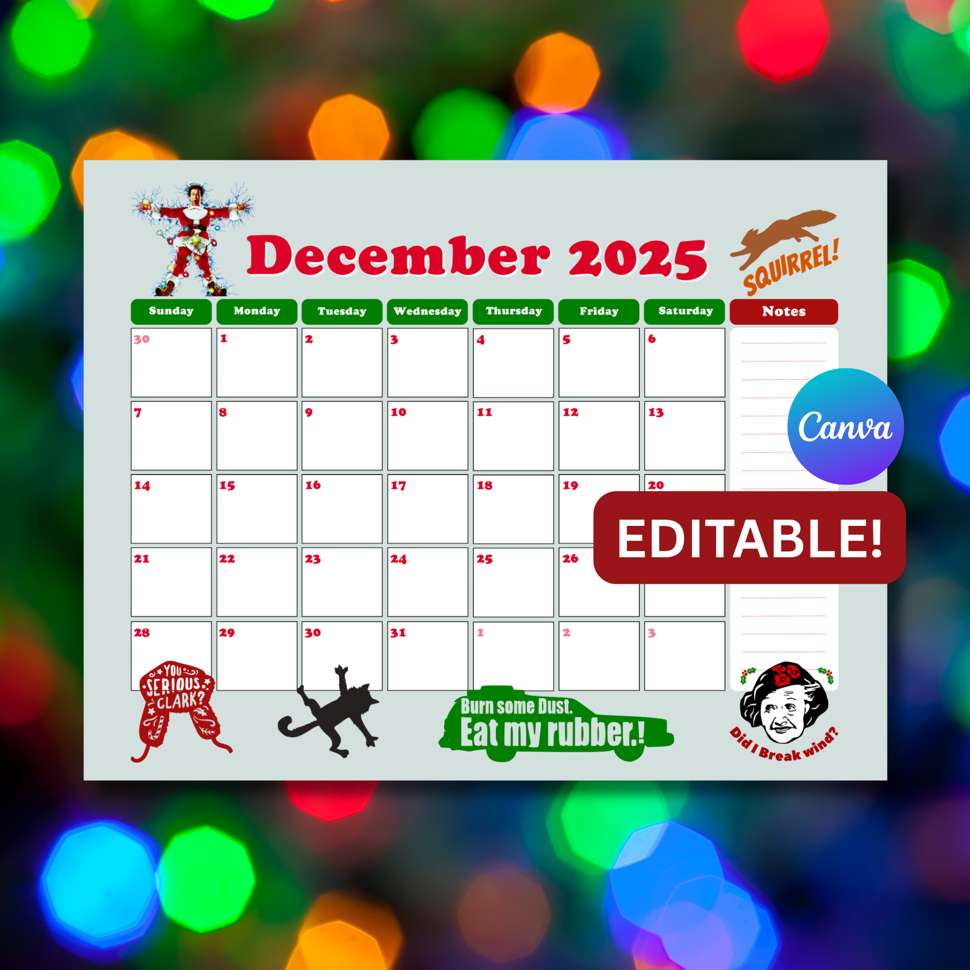 Editable Christmas Vacation Countdown Calendar printable inspired by a classic holiday movie.
