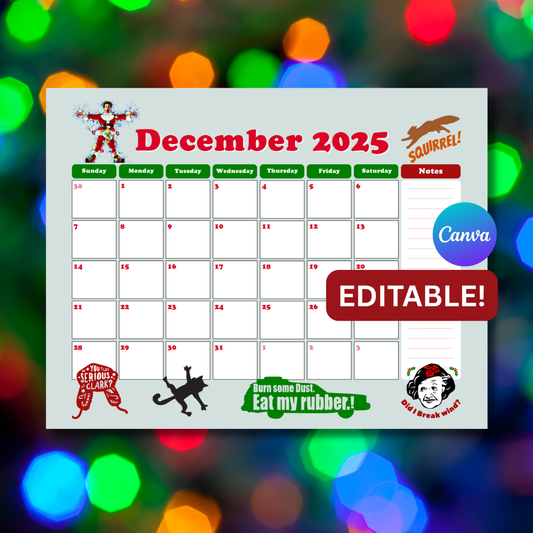 Editable Christmas Vacation Countdown Calendar printable inspired by a classic holiday movie.