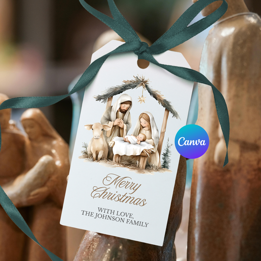 Nativity Christmas Gift Tags Template | Editable Canva Religious Tags | Christian Holiday Tags 8 Per Page Printable Download