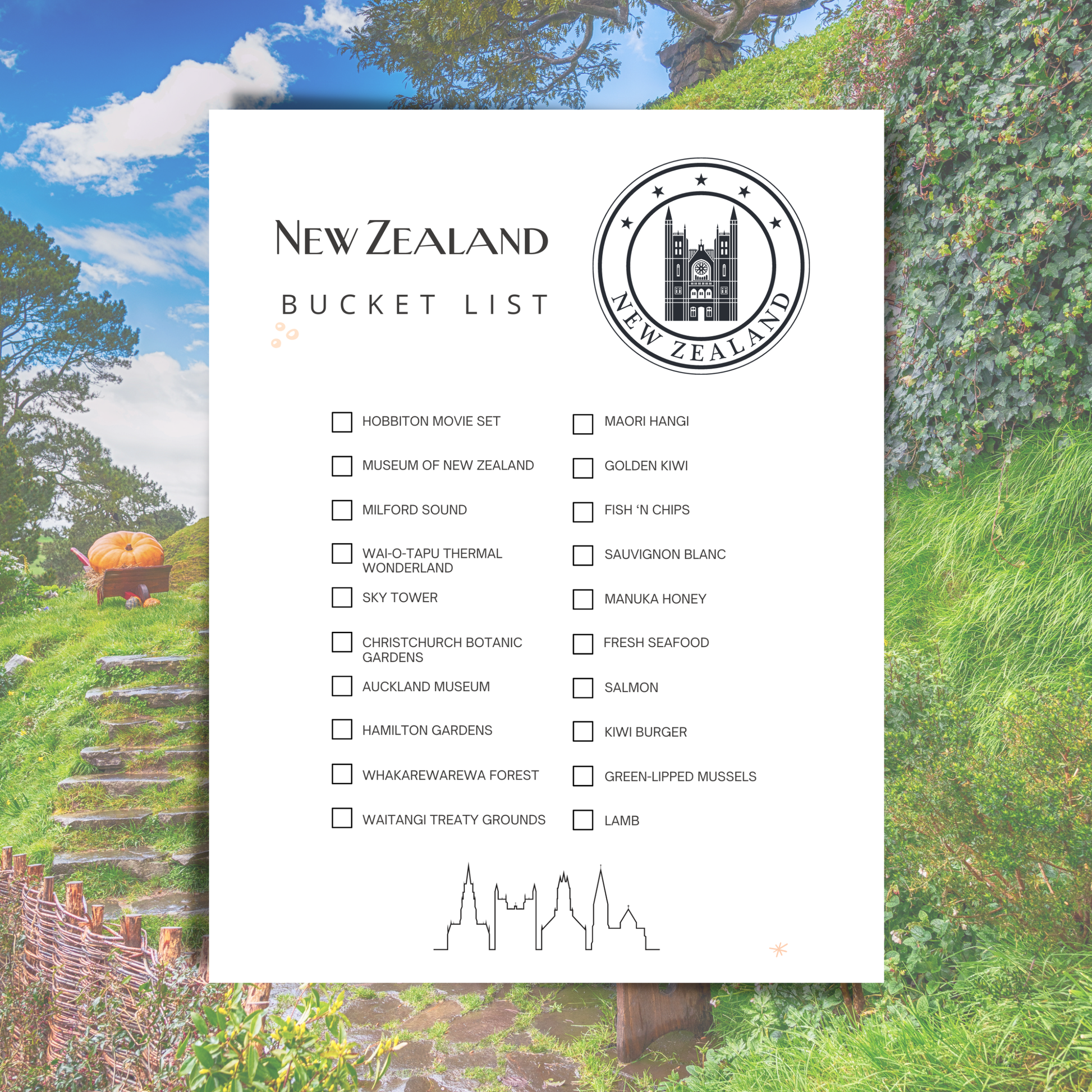 New Zealand bucket list with scenic background