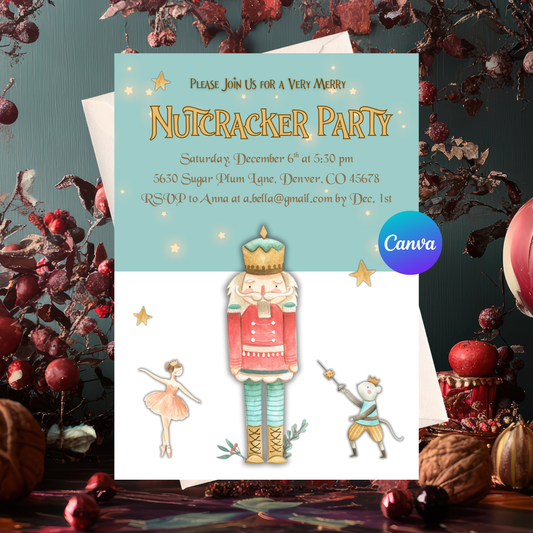 Nutcracker Party Invitation Template | Editable Christmas Ballet Party Invite | 5x7 Canva Invitation Instant Download