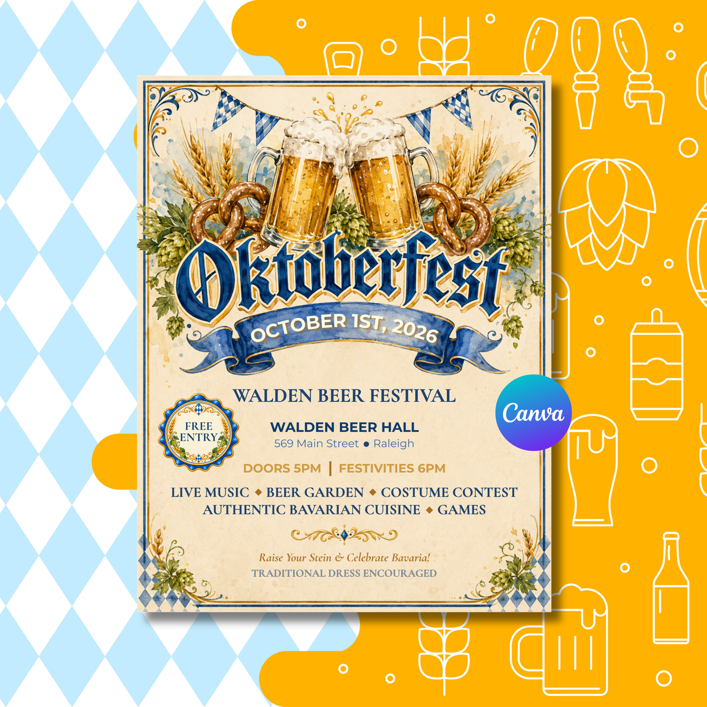 A square Oktoberfest event poster centered on a bright yellow background with light blue diamond pattern and beer-themed line icons. The poster features illustrated beer mugs, wheat, pretzels, and blue-and-white flags, with text reading 'Oktoberfest', 'October 1st, 2026', 'Walden Beer Festival', venue, time, and a Canva logo.