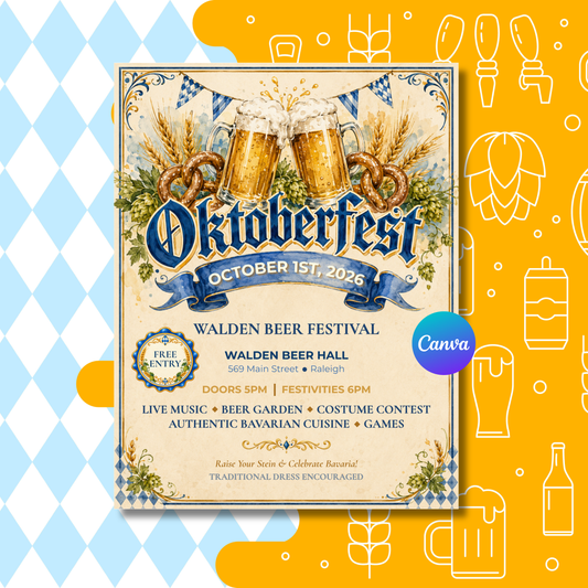 A square Oktoberfest event poster centered on a bright yellow background with light blue diamond pattern and beer-themed line icons. The poster features illustrated beer mugs, wheat, pretzels, and blue-and-white flags, with text reading 'Oktoberfest', 'October 1st, 2026', 'Walden Beer Festival', venue, time, and a Canva logo.