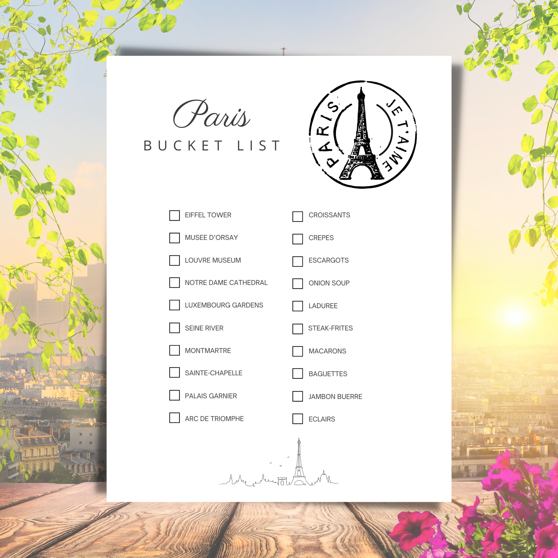 Paris bucket list with Eiffel Tower illustration on a scenic background