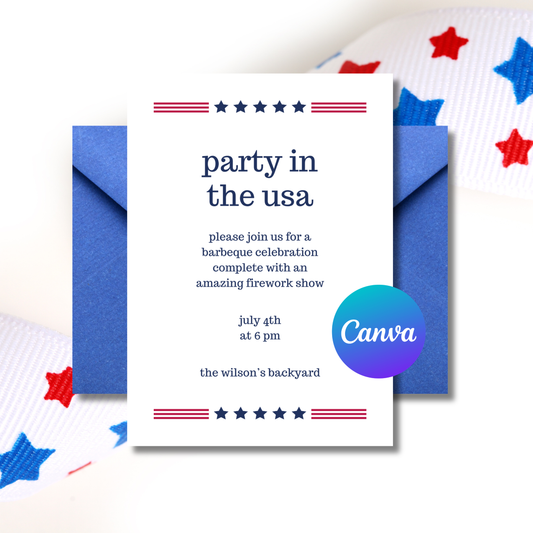 Party in the USA 4th of July Invitation Template Editable | Patriotic BBQ Party Invite | Red White Blue Party Invite | Canva Template Instant Download