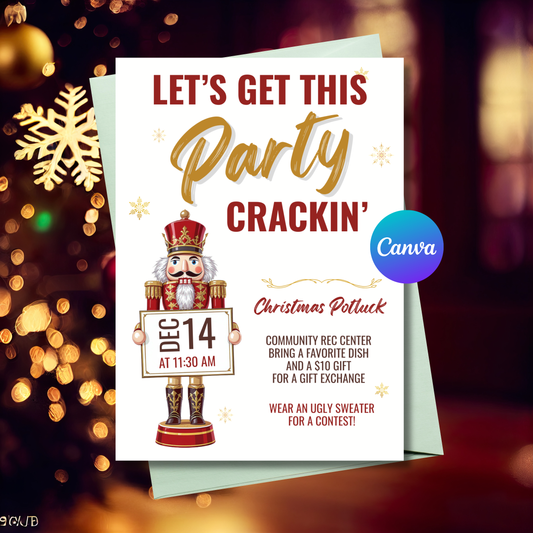 Let’s Get the Party Crackin’ Christmas Invitation Template | Editable Holiday Party Invite | 5x7 Canva Instant Download