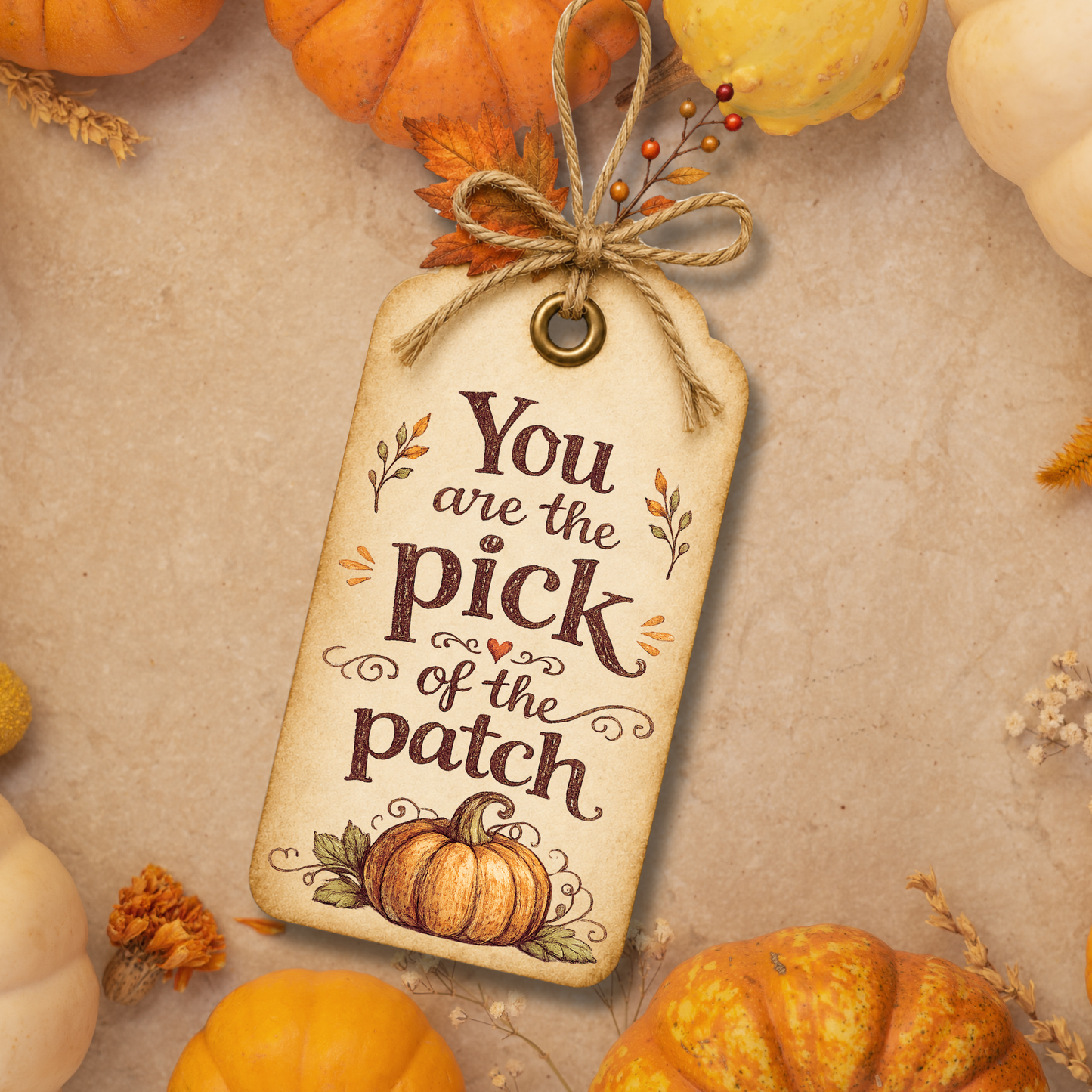 Printable rustic autumn gift tag featuring the phrase "You Are the Pick of the Patch" with vintage typography and a watercolor pumpkin illustration in warm fall colors.