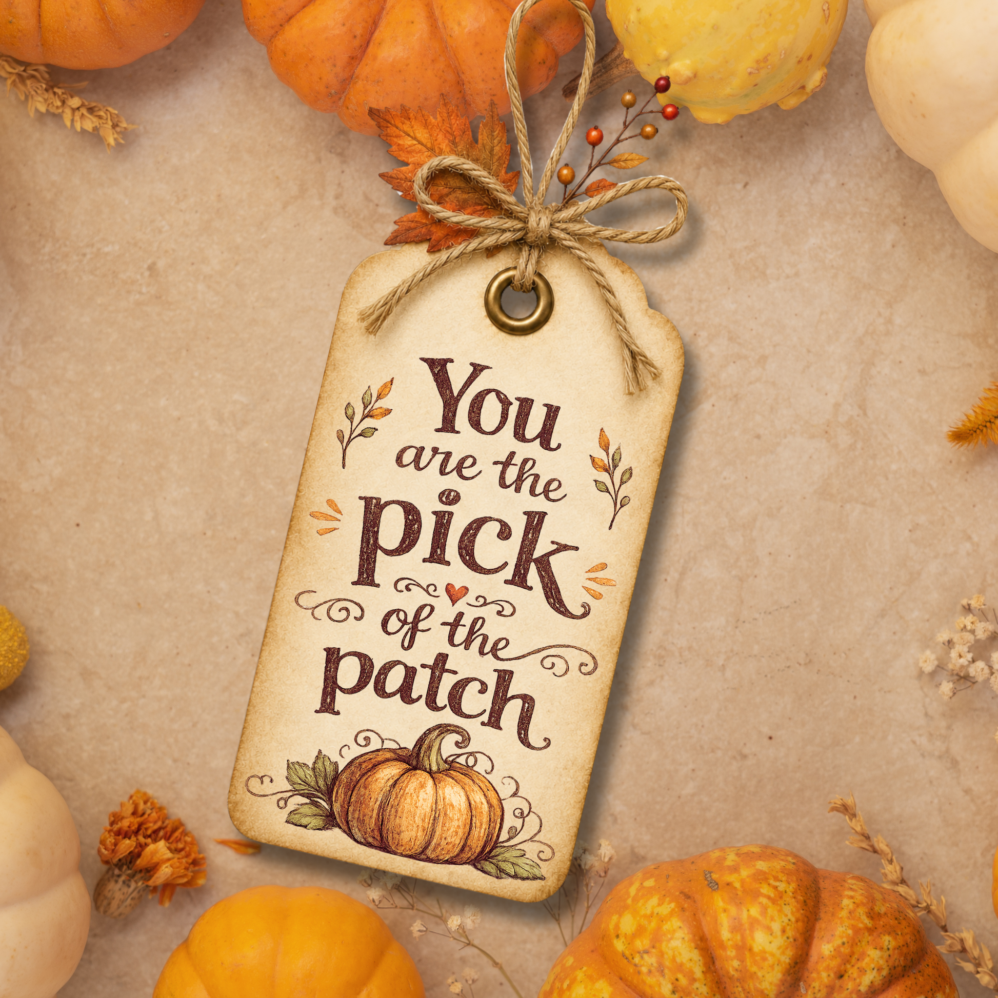 Printable rustic autumn gift tag featuring the phrase "You Are the Pick of the Patch" with vintage typography and a watercolor pumpkin illustration in warm fall colors.