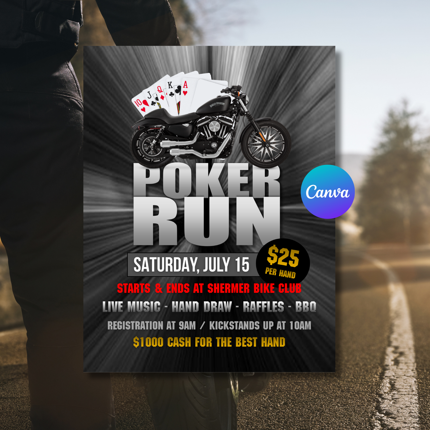 Poker Run Flyer Template | Motorcycle Poker Run Event Poster | Charity Ride Flyer | Editable Canva Printable