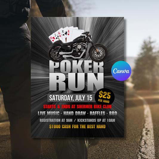 Poker Run Flyer Template | Motorcycle Poker Run Event Poster | Charity Ride Flyer | Editable Canva Printable