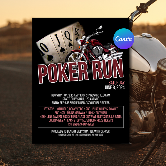 Charity Poker Run Flyer Template | Fundraiser Event Poster | Motorcycle Ride Flyer | Editable Canva Printable