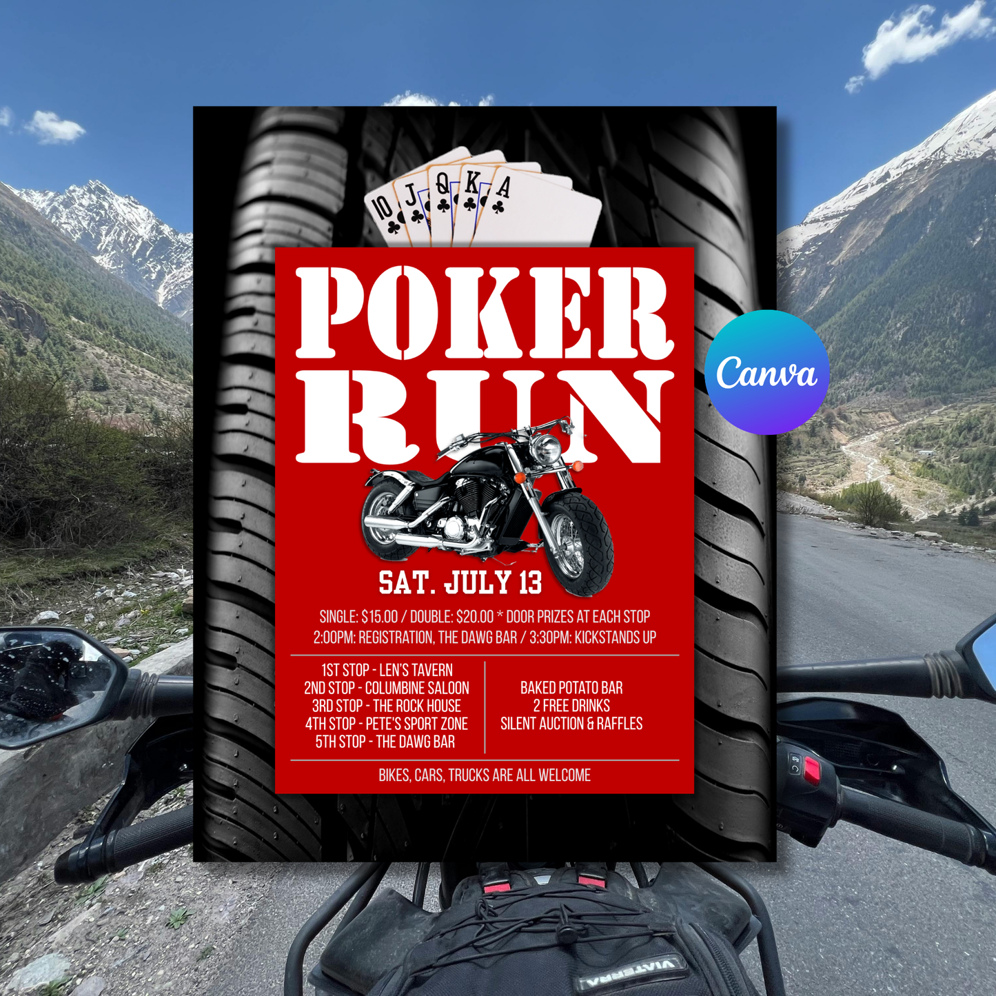 Motorcycle Poker Run Flyer Template | Biker Charity Ride Poster | Poker Run Event Invite | Editable Canva Printable