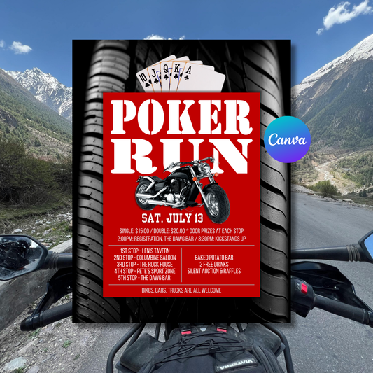 Motorcycle Poker Run Flyer Template | Biker Charity Ride Poster | Poker Run Event Invite | Editable Canva Printable