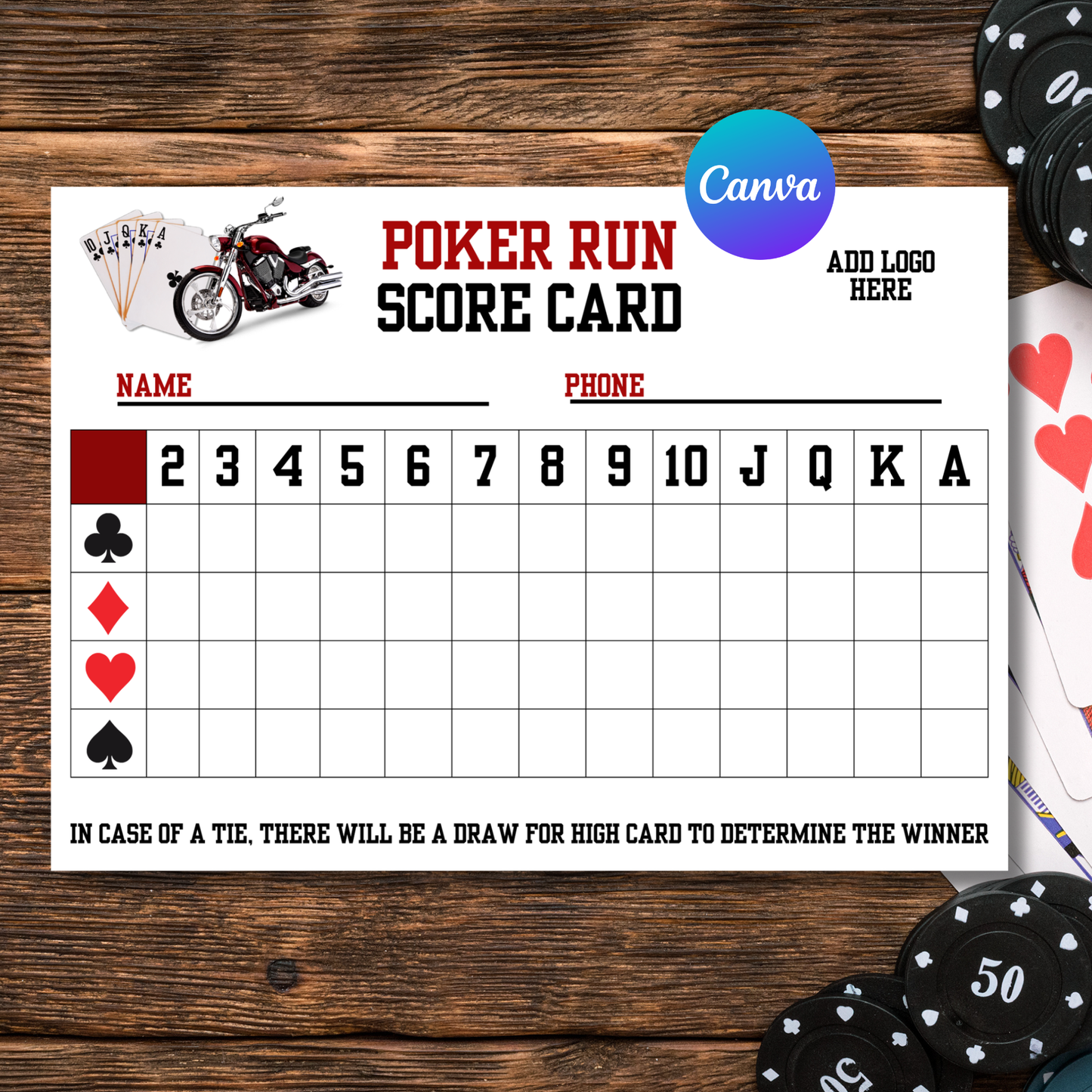 Poker Run score card with poker-themed design on a wooden surface with playing cards and chips.