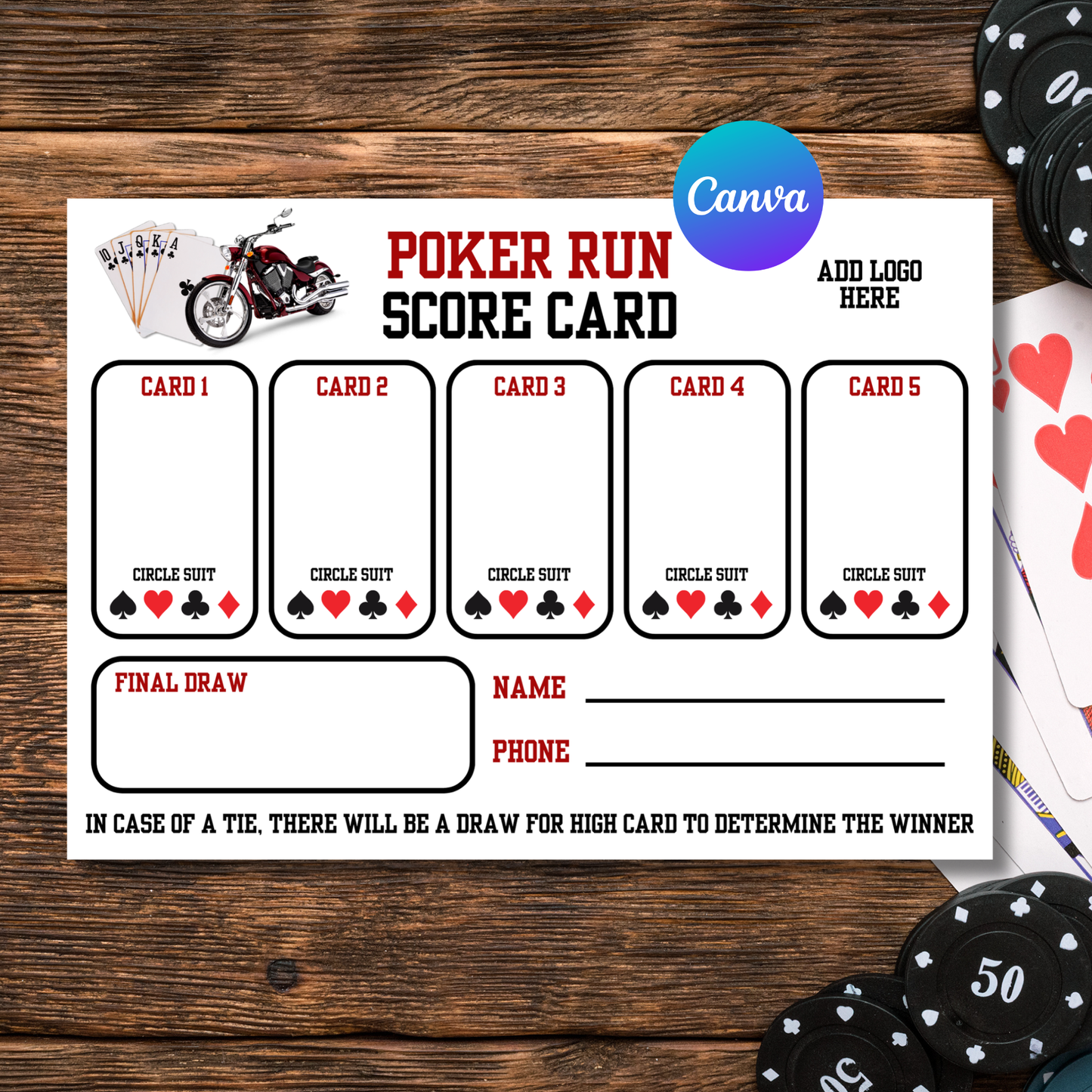 Poker Run Score Card on a wooden surface with playing cards and poker chips.