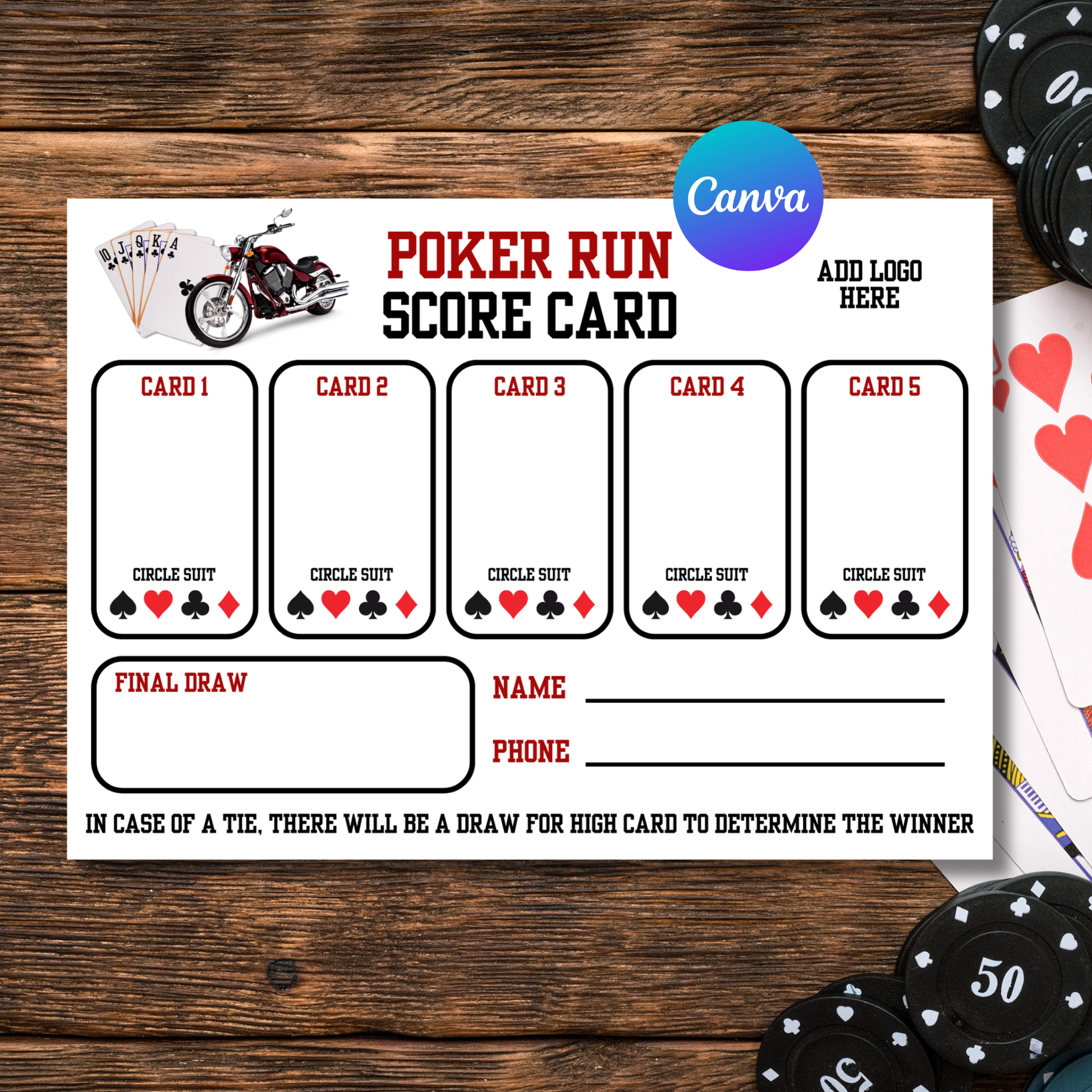 Poker Run Score Card on a wooden surface with playing cards and poker chips.