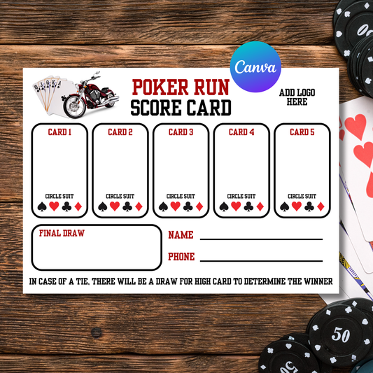 Poker Run Score Card on a wooden surface with playing cards and poker chips.
