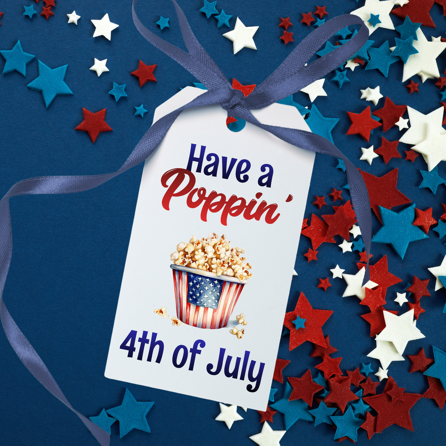 4th of July themed gift tag with popcorn illustration and star confetti on a blue background