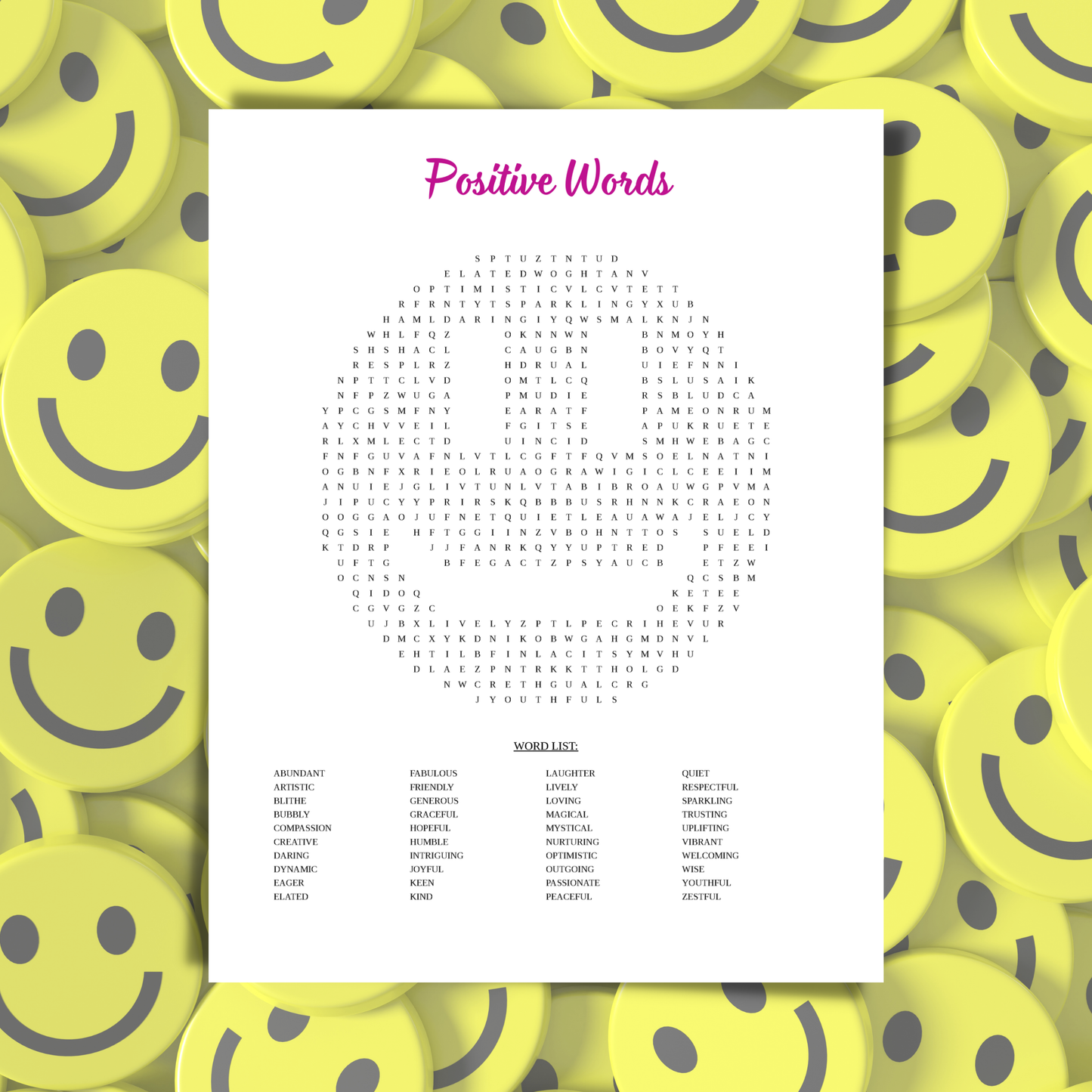 Sheet of paper with 'Positive Words' list surrounded by yellow smiley face buttons