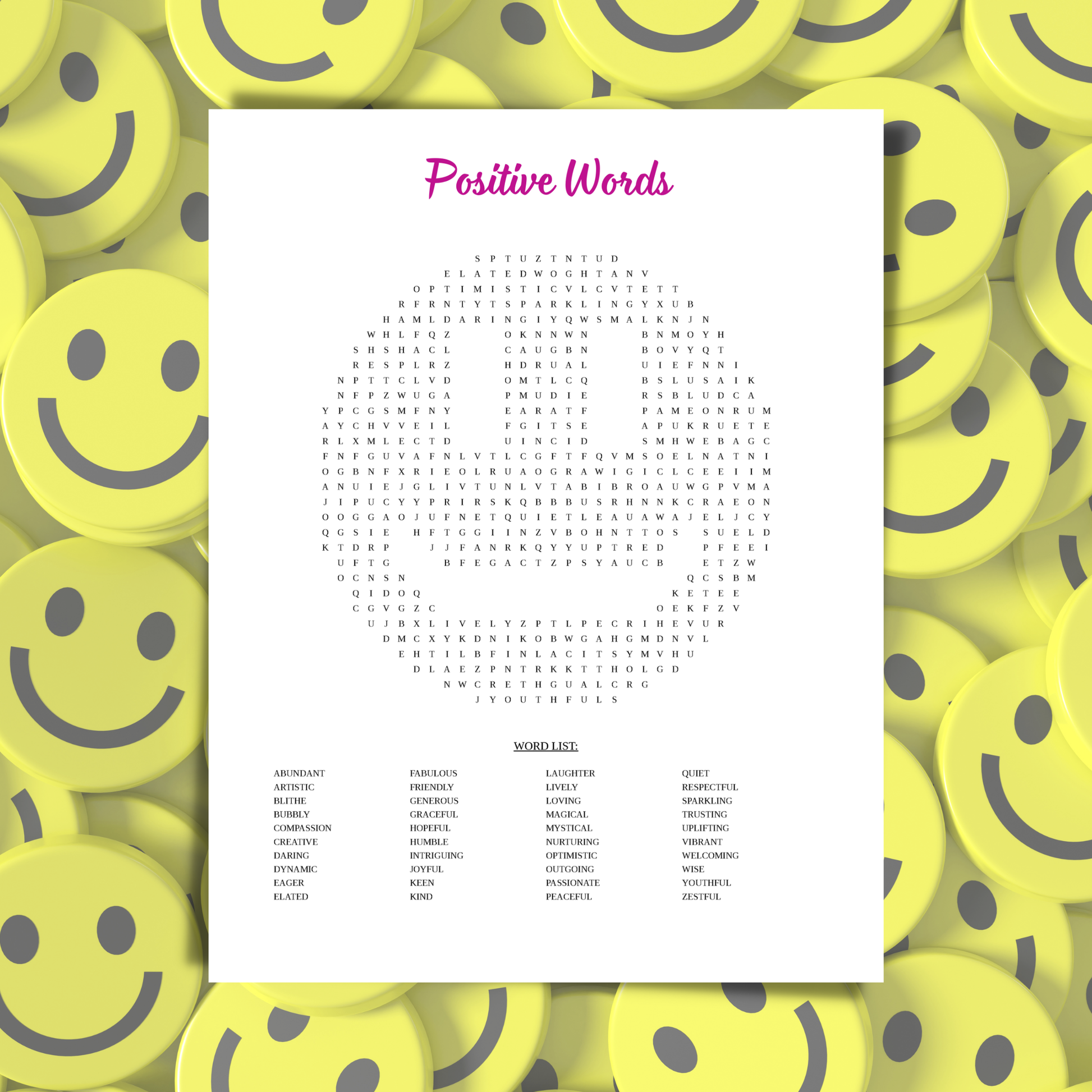 Sheet of paper with 'Positive Words' list surrounded by yellow smiley face buttons