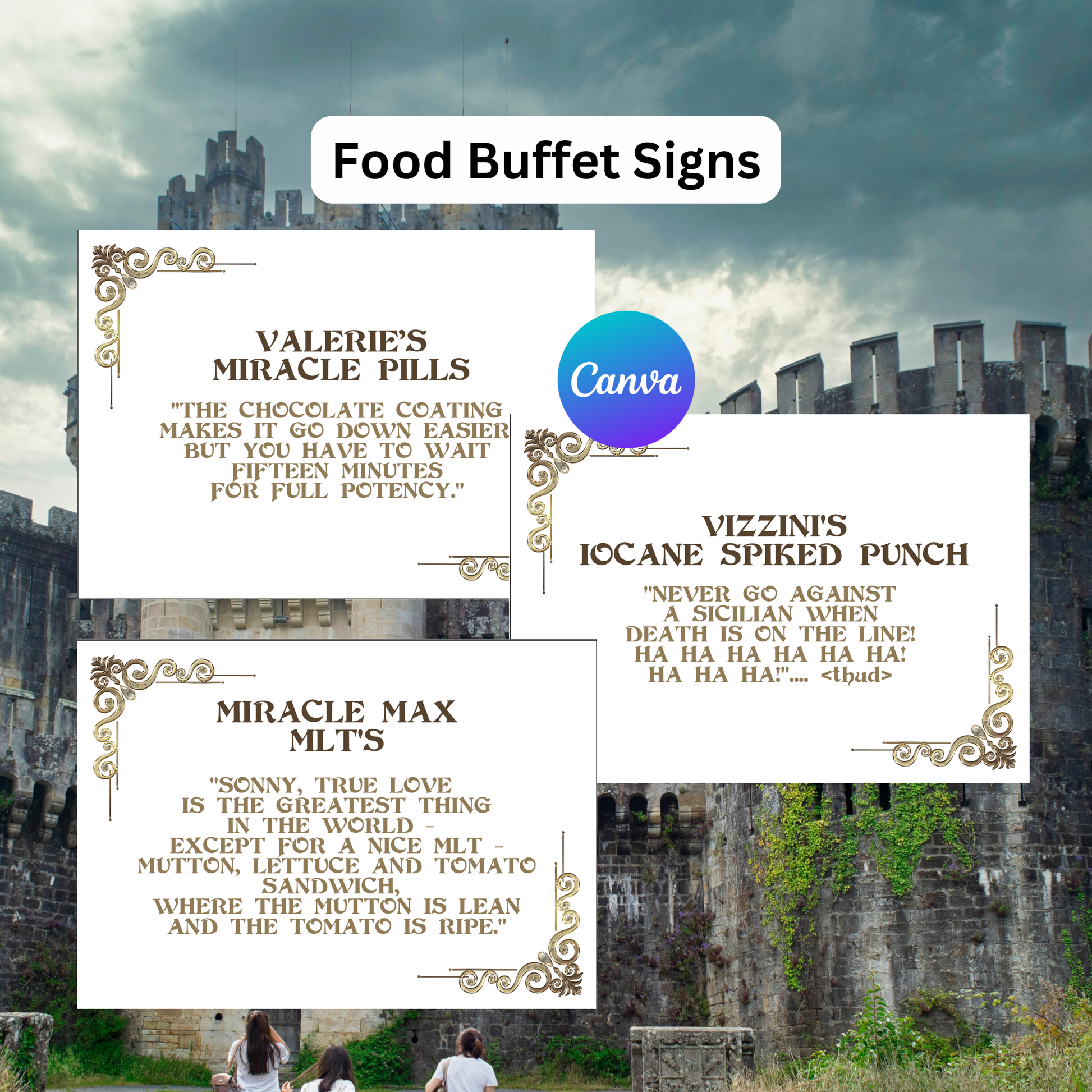 Food Buffet Signs with humorous text in front of a castle.