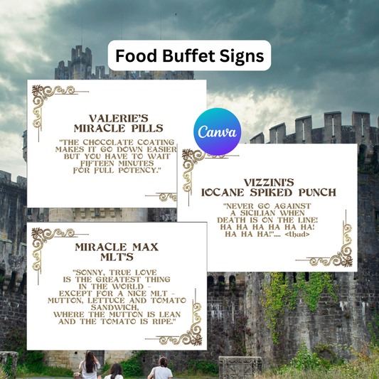 Food Buffet Signs with humorous text in front of a castle.