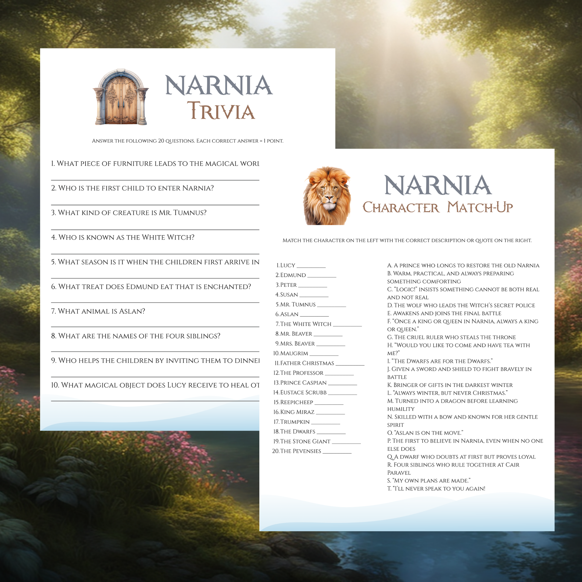 Narnia Printable Party Games Bundle Fantasy Birthday Games