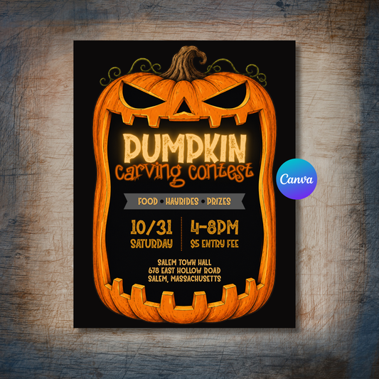 Editable Pumpkin Carving Contest flyer template featuring a large jack-o'-lantern with space for event details.