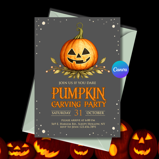 Editable Pumpkin Carving Party Halloween invitation template featuring a vintage watercolor jack o' lantern with autumn foliage on a charcoal background. 5x7 Canva editable digital download.