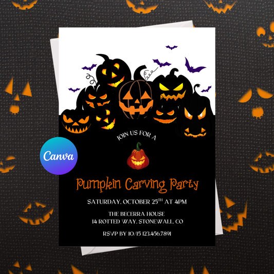 Pumpkin Carving Party Invitation Template | Editable Halloween Pumpkin Party Invite | 5x7 Canva Instant Download