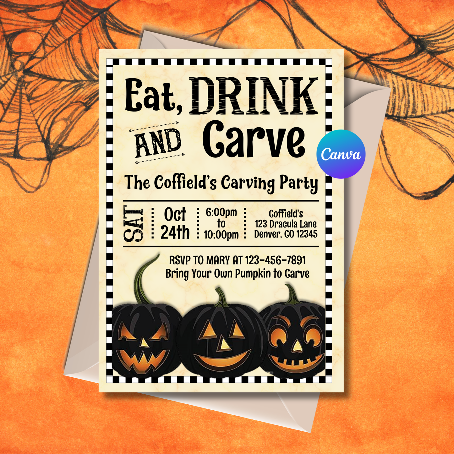 Pumpkin Carving Party Invitation Editable 5x7 Canva Template