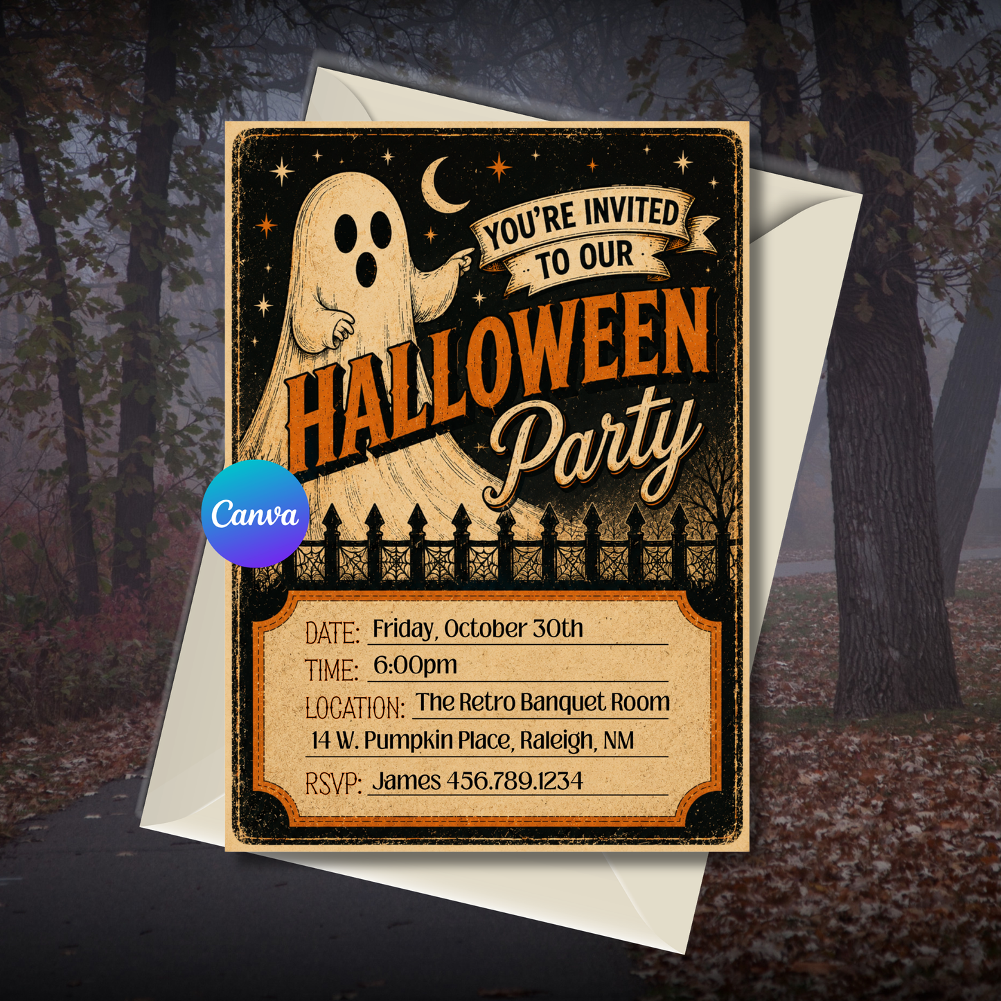 Vintage Halloween party invitation featuring a retro ghost, distressed antique artwork, and editable 5x7 party invitation template.