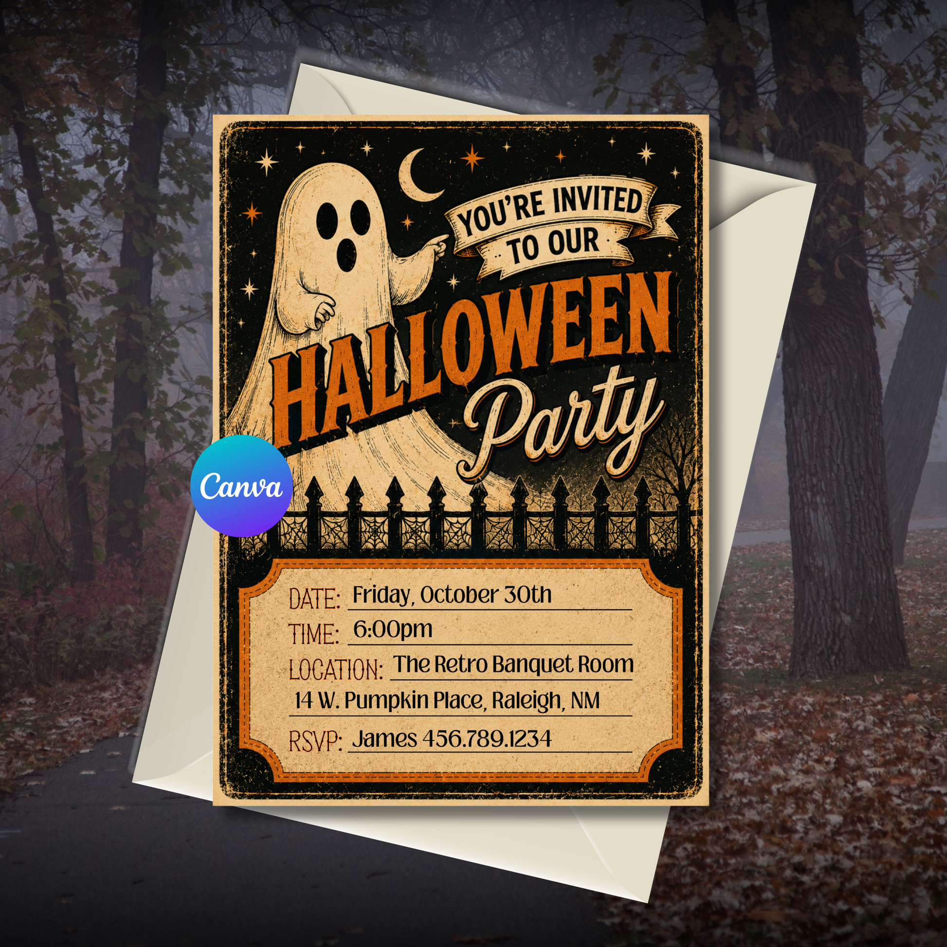 Vintage Halloween party invitation featuring a retro ghost, distressed antique artwork, and editable 5x7 party invitation template.