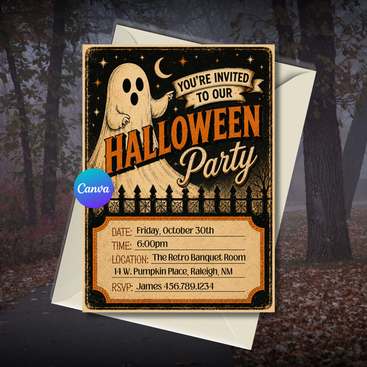 Vintage Halloween party invitation featuring a retro ghost, distressed antique artwork, and editable 5x7 party invitation template.
